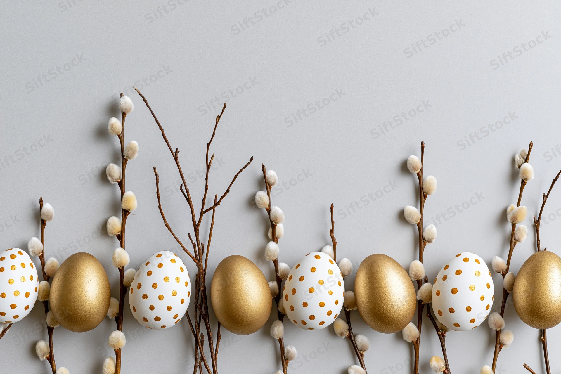 Easter eggs and pussy willow branches arranged in a flat lay on a gray surface