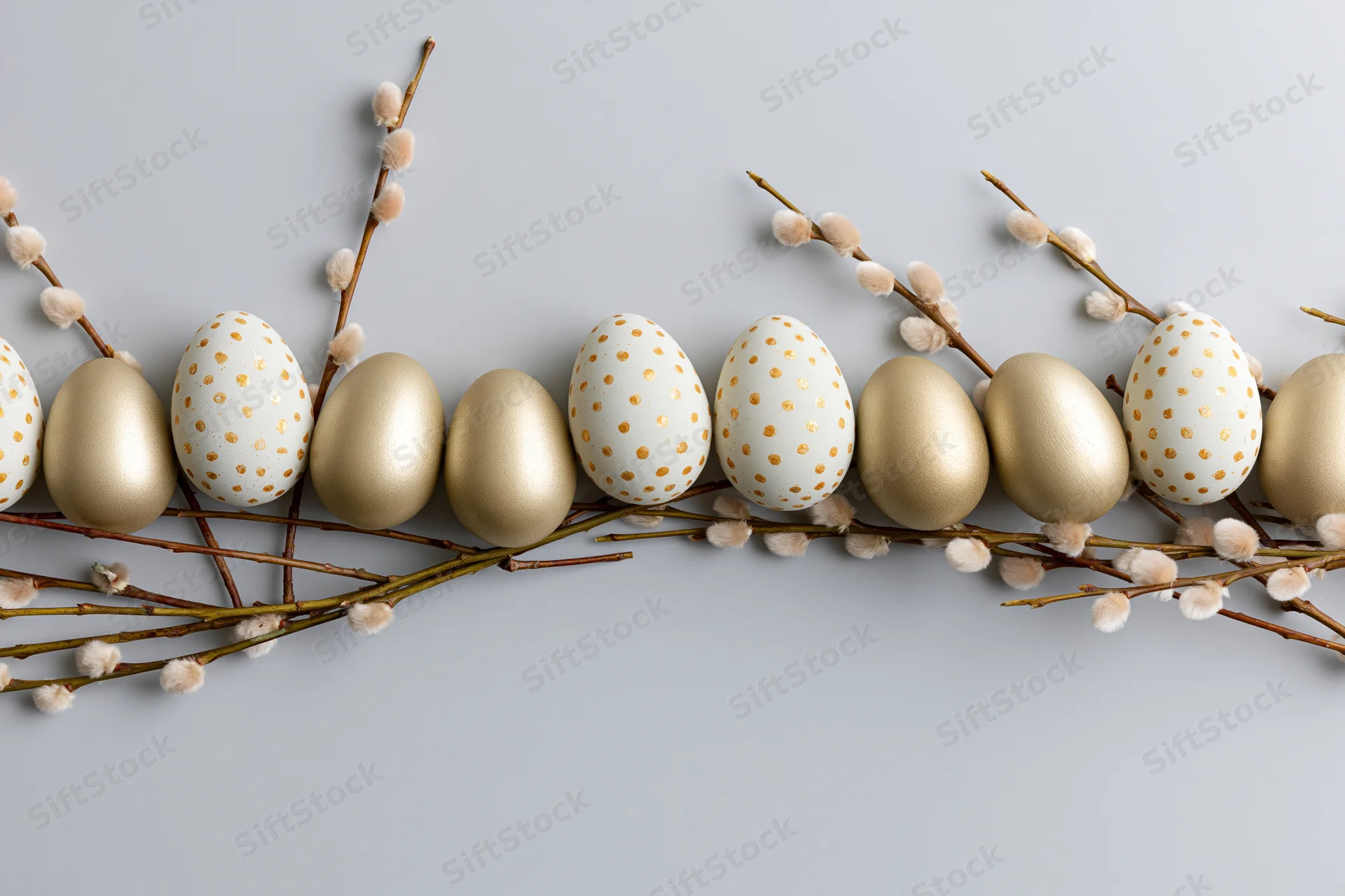 Easter eggs and pussy willow branches arranged in a flat lay on a light gray surface