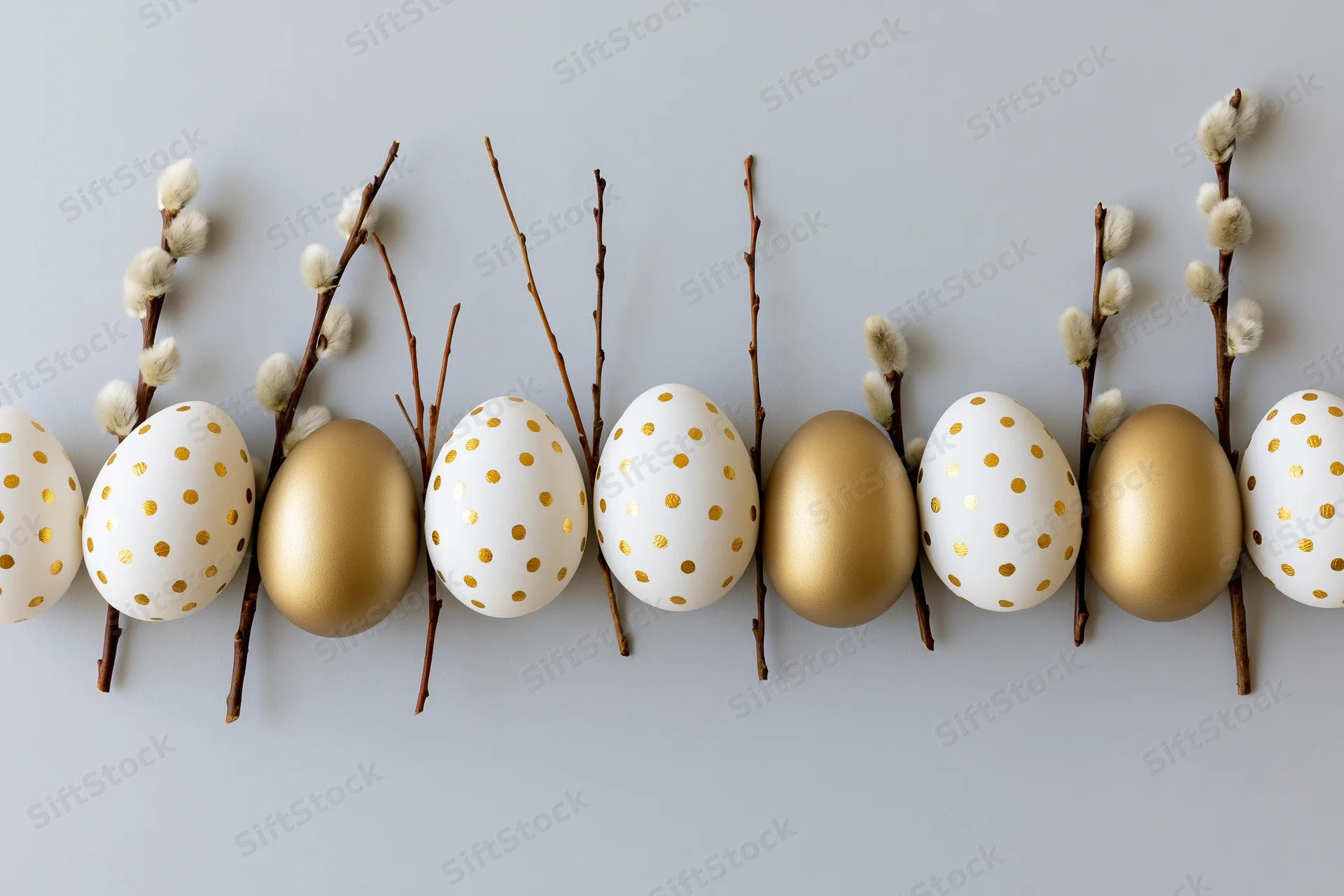 Easter eggs and pussy willow branches arranged in a flat lay on a gray surface