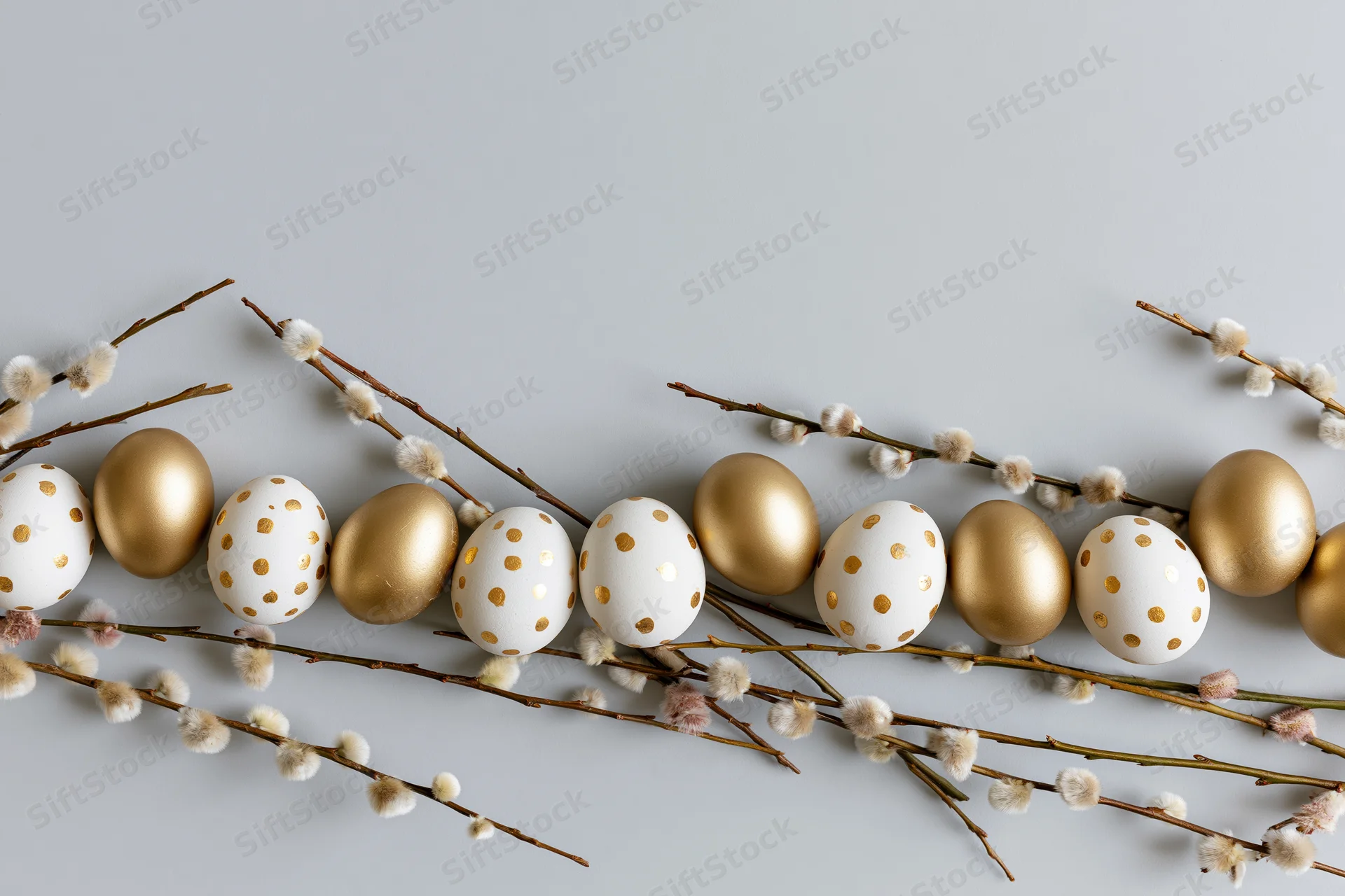 Easter eggs and pussy willow branches arranged in a flat lay on a gray surface