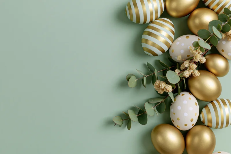 Decorated easter eggs with gold stripes and polka dots arranged with eucalyptus on a mint green background