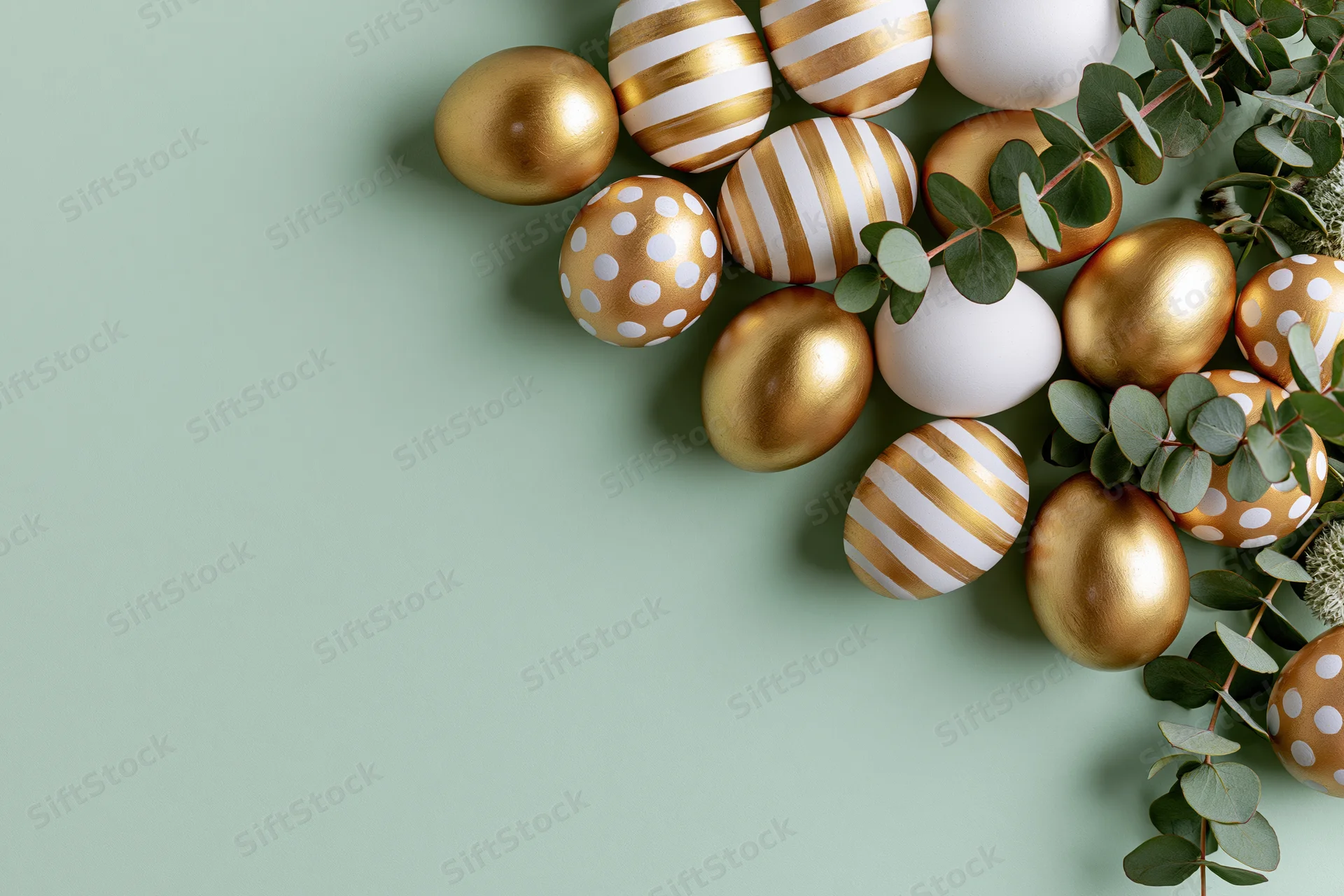 Decorated easter eggs with gold stripes and white polka dots arranged with eucalyptus branches on a mint green surface
