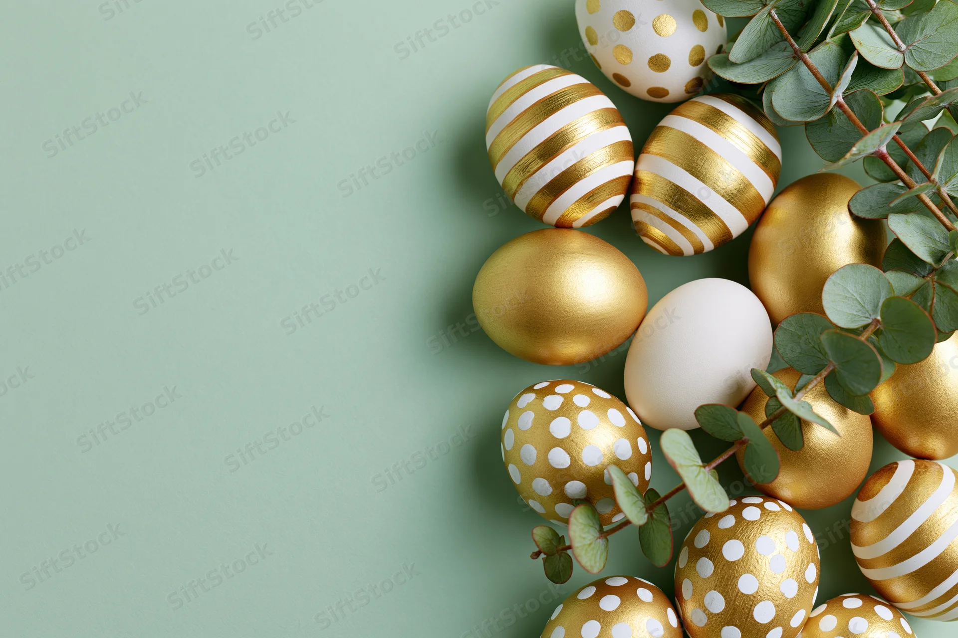 Decorated easter eggs with gold stripes and white polka dots arranged with eucalyptus leaves on a green background