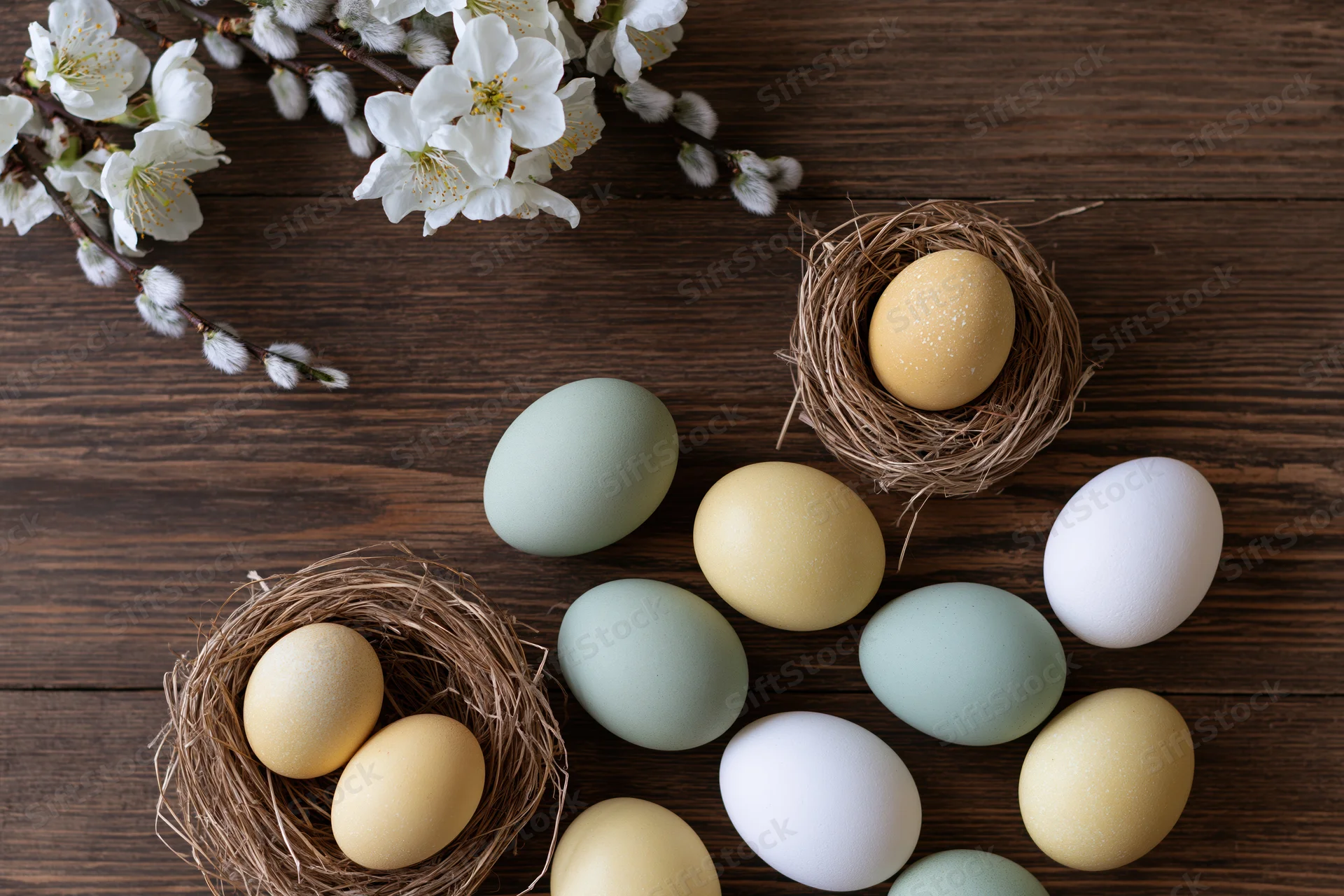 Easter eggs in pale green yellow and white arranged on dark wooden table with nests and blossoming branches