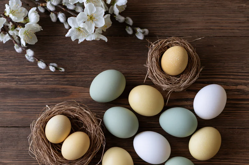 Easter eggs in pale green yellow and white arranged on dark wooden table with nests and blossoming branches