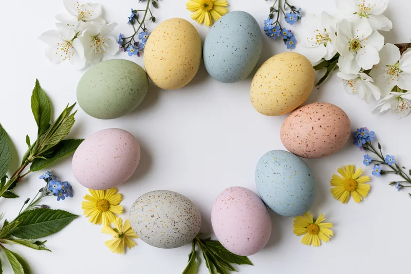 Pastel speckled easter eggs arranged with spring flowers and greenery on white surface