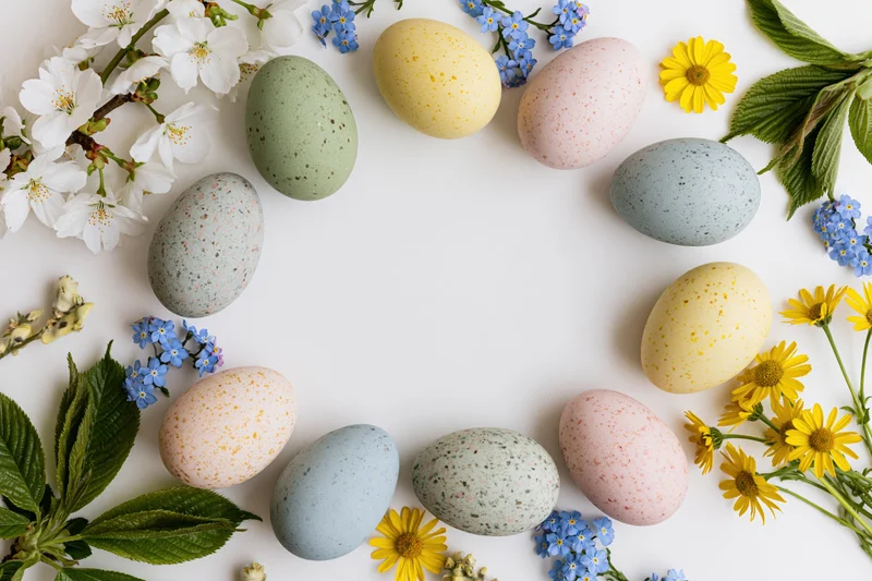 Easter eggs in pastel colors arranged with spring flowers and greenery on white background