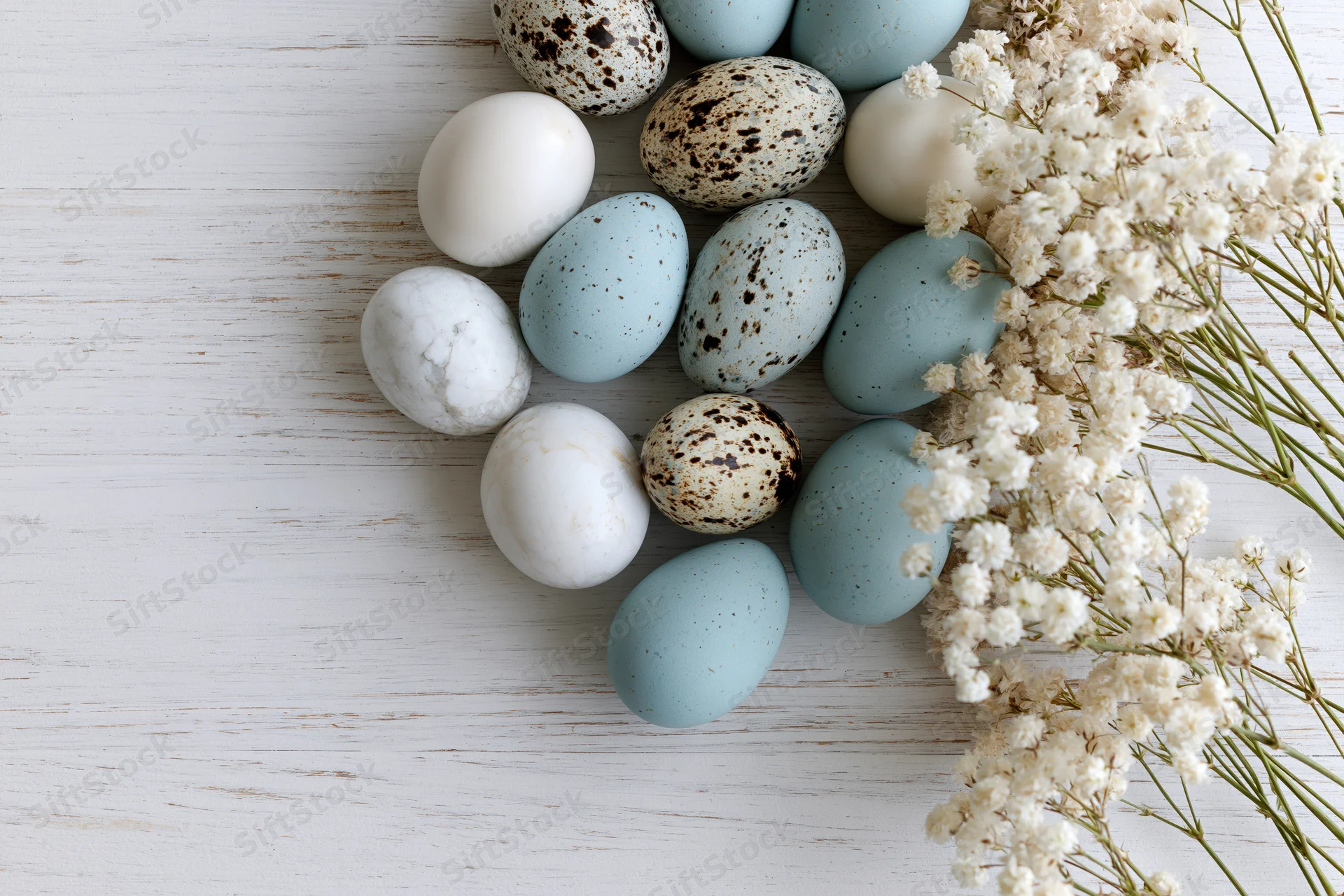 Easter eggs in pale blue, white, and speckled patterns arranged with baby's breath flowers on a white wooden surface