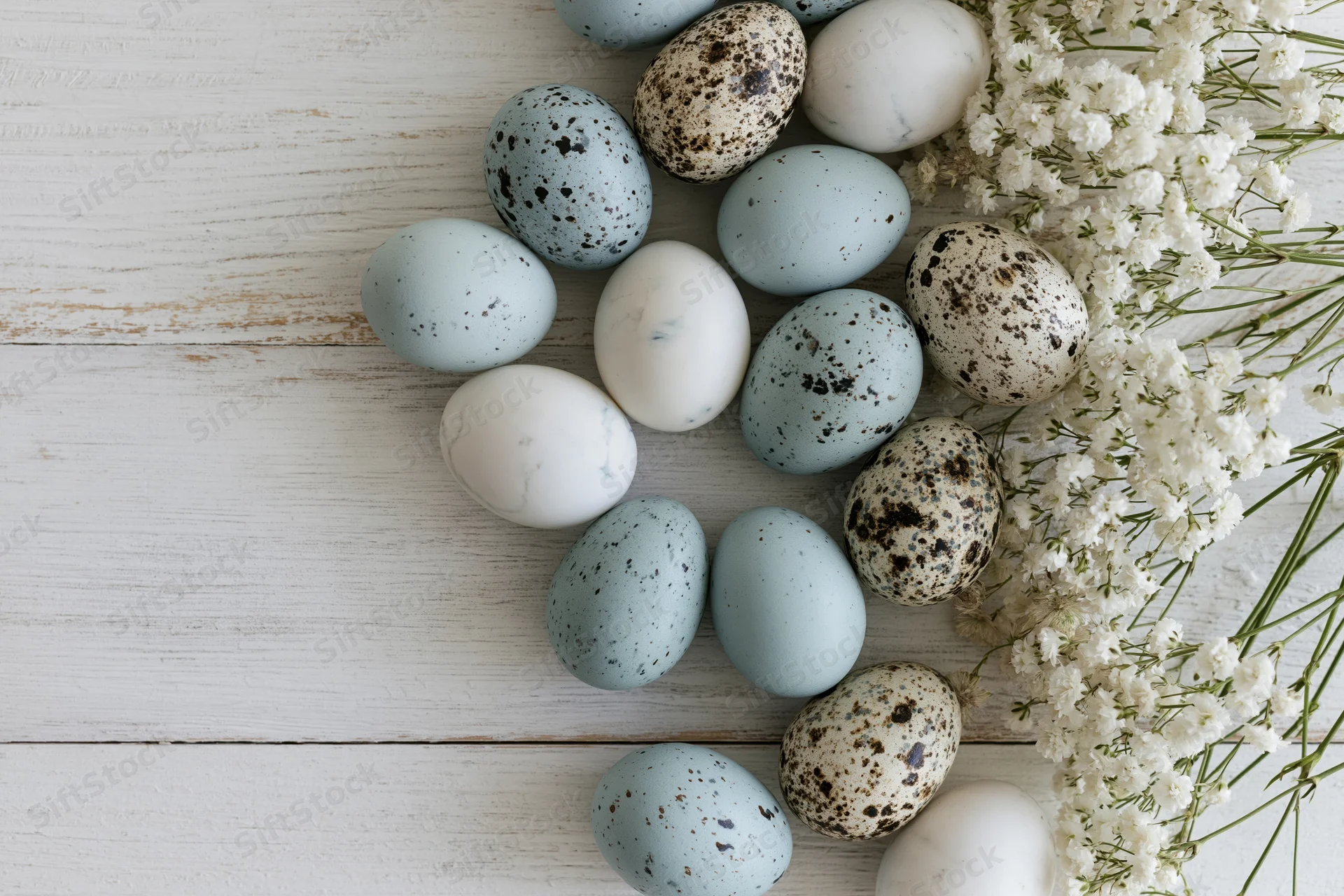 Easter eggs in pale blue, white, and speckled patterns arranged with baby's breath flowers on a whitewashed wooden surface