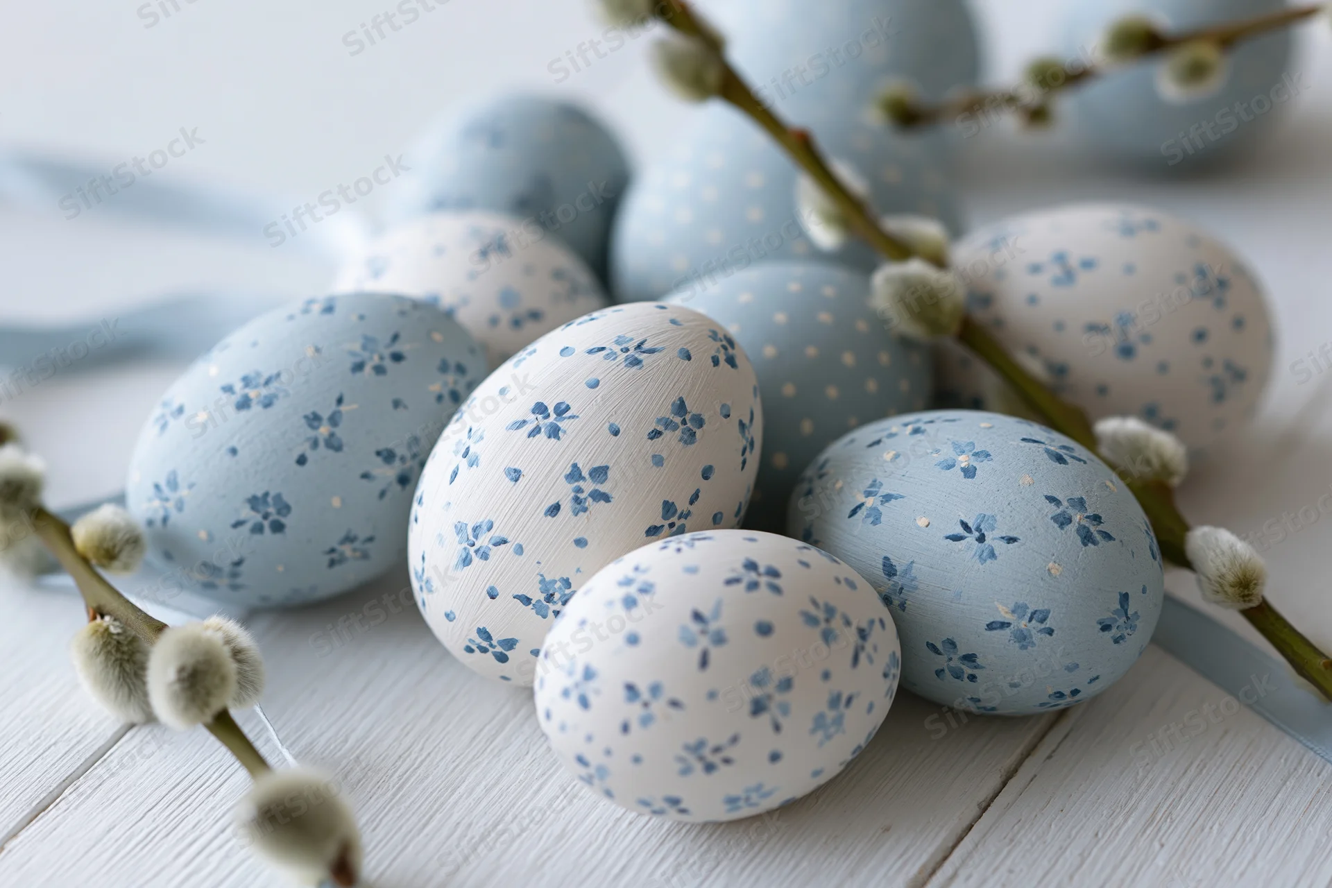 Hand-painted easter eggs with blue floral patterns arranged on a white wooden surface with willow branches