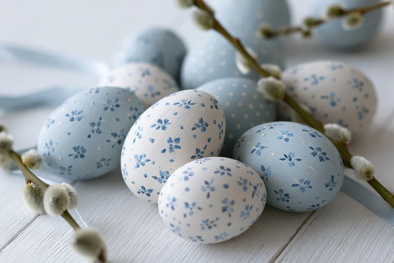 Hand-painted easter eggs with blue floral patterns arranged on a white wooden surface with willow branches