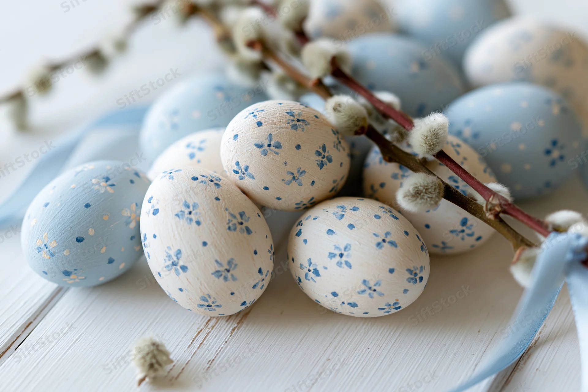 Hand-painted easter eggs with blue floral patterns arranged with willow branches on a white wooden surface