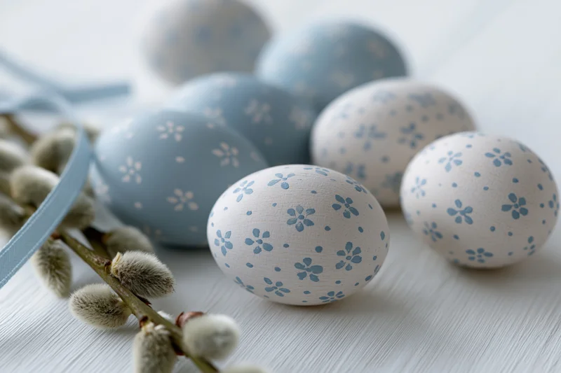 Handpainted easter eggs with floral pattern arranged on a wooden surface with willow branches and ribbon