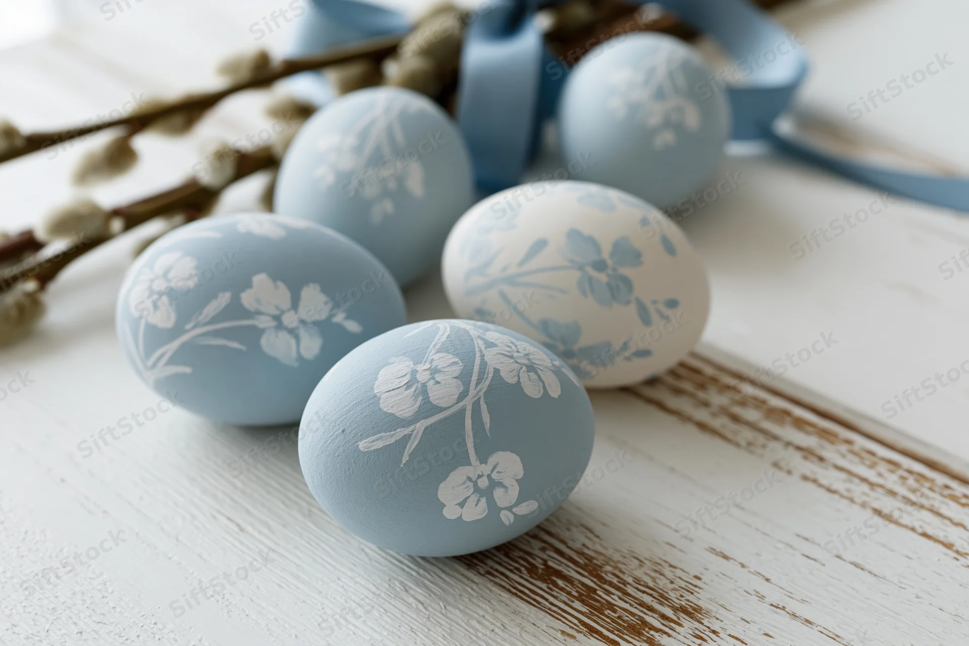 Hand-painted easter eggs with floral patterns arranged on a rustic white wooden surface with willow branches