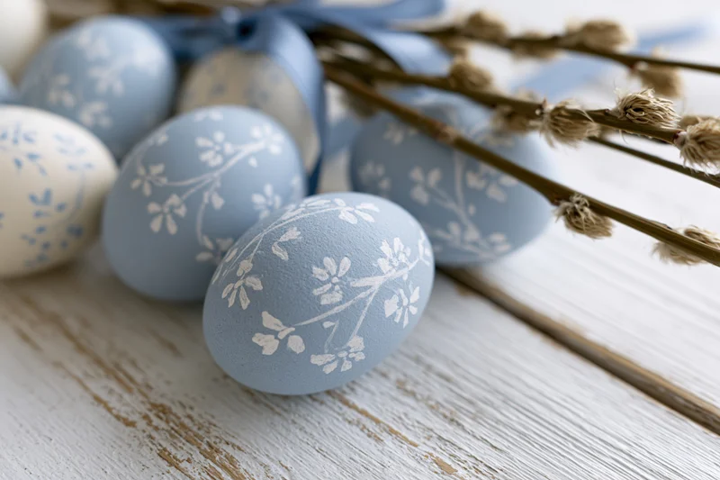 Painted easter eggs with floral patterns arranged on a rustic wooden surface with willow branches