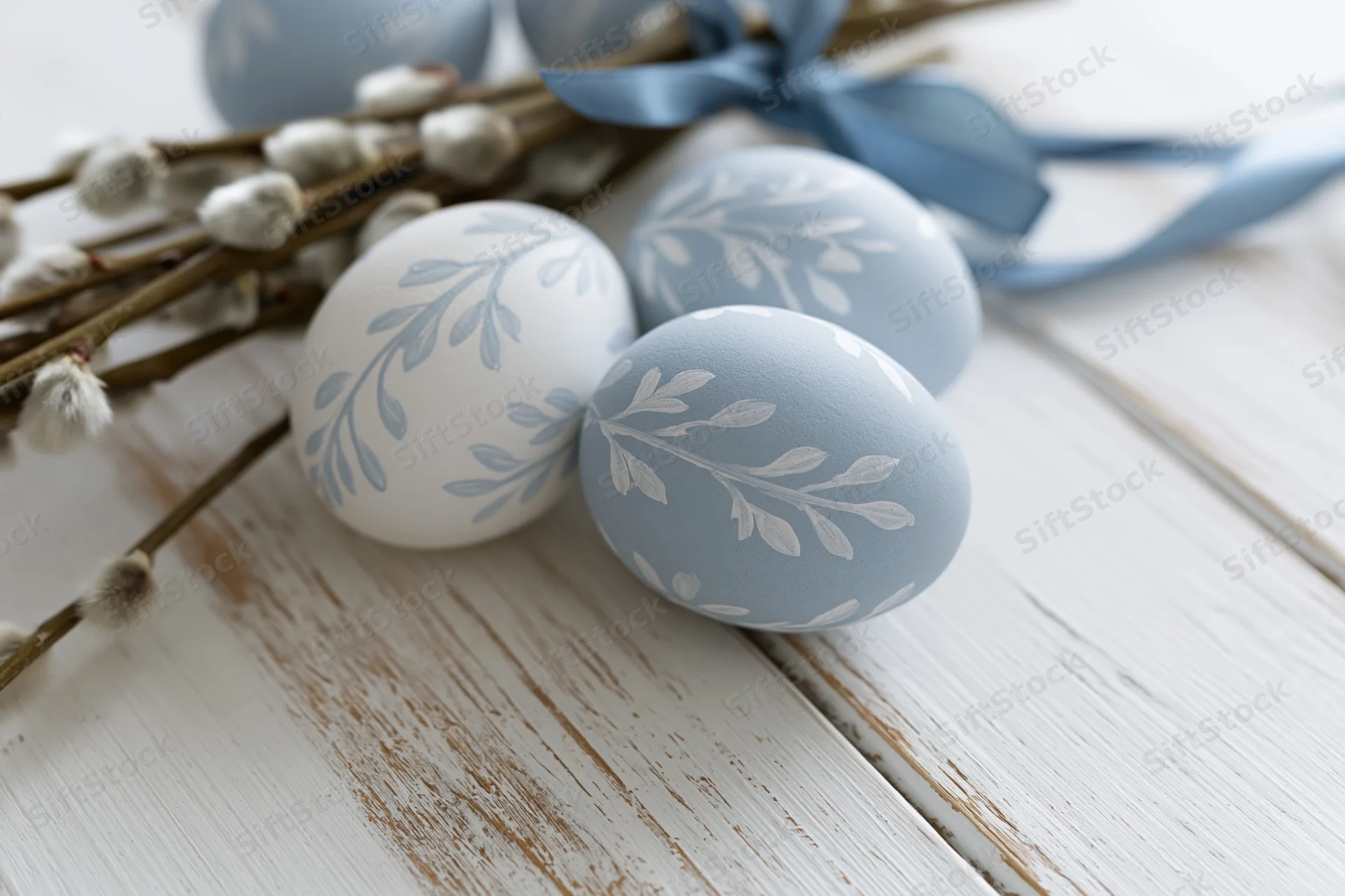 Painted easter eggs with leaf patterns and willow branches on a white wooden surface