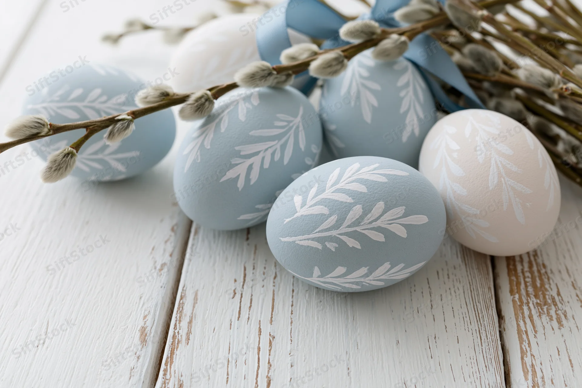 Painted easter eggs with leaf patterns arranged with willow branches on a whitewashed wooden table