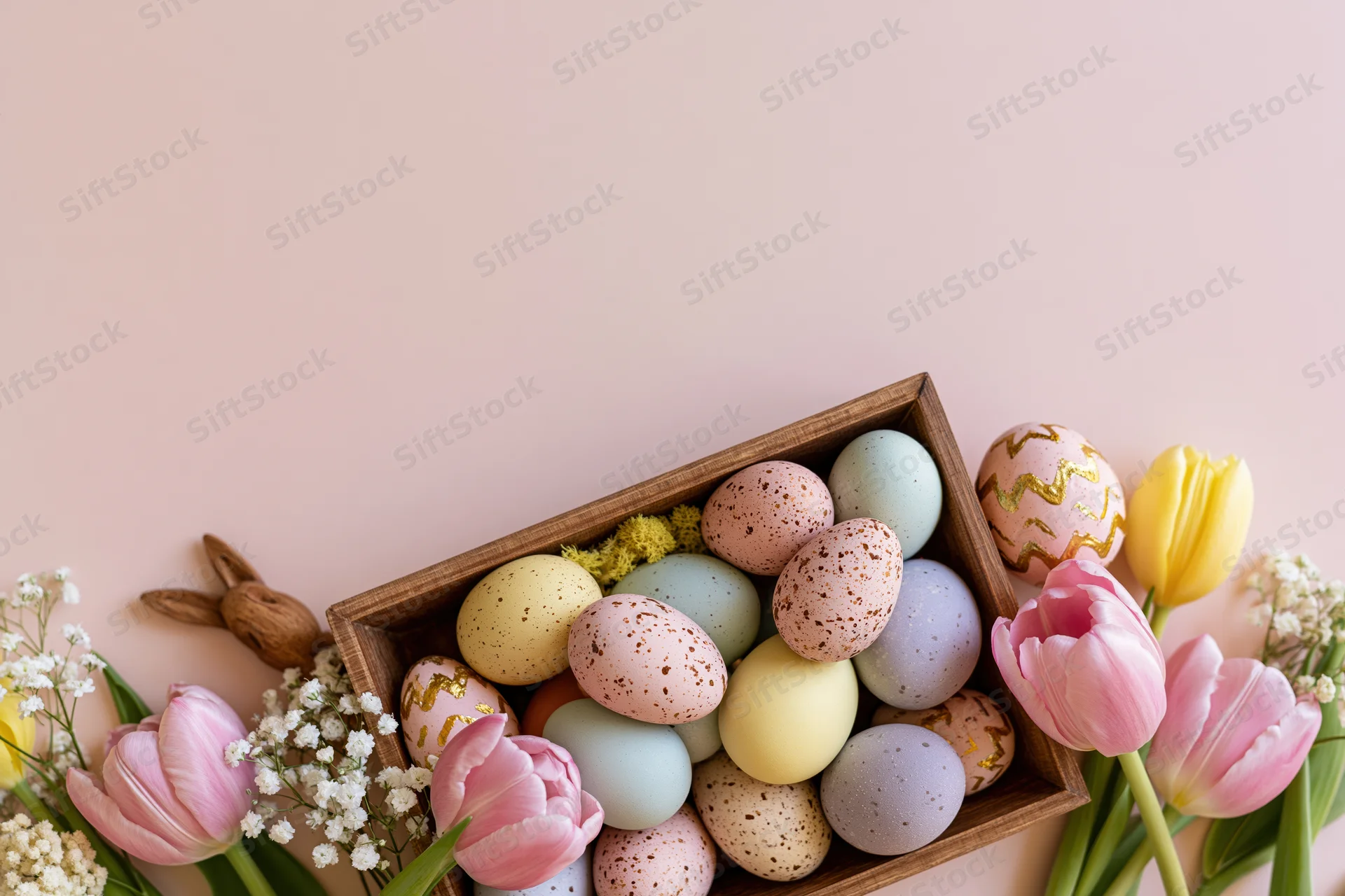 Easter eggs and tulips arranged in a wooden box along the bottom edge of a pale pink surface