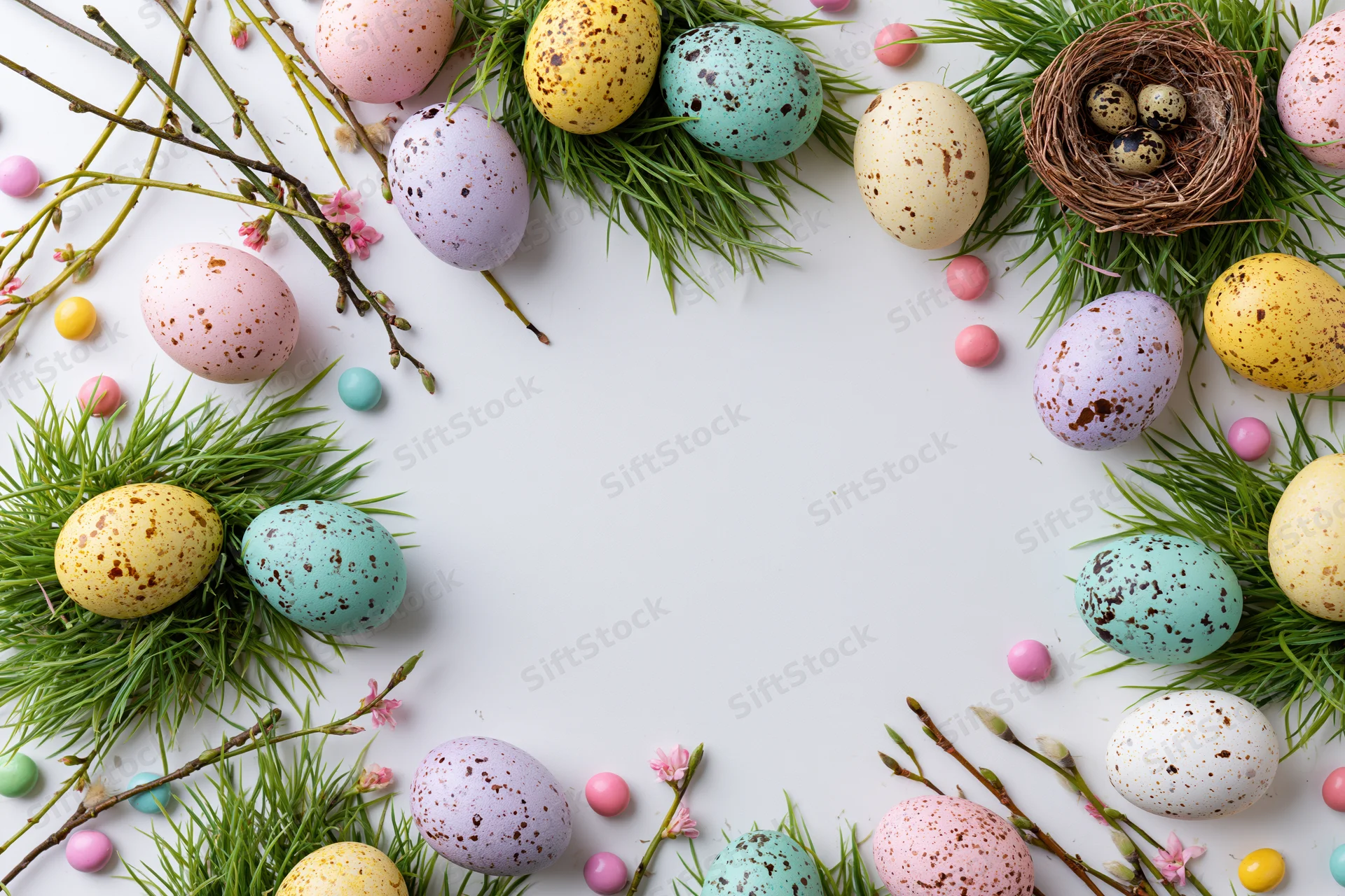 Easter eggs and spring branches arranged in a flat lay frame around a white center copyspace