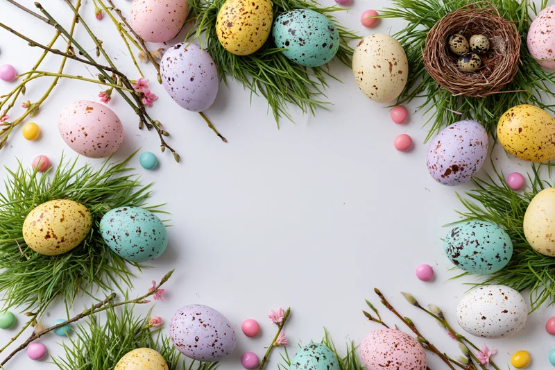Easter eggs and spring branches arranged in a flat lay frame around a white center copyspace