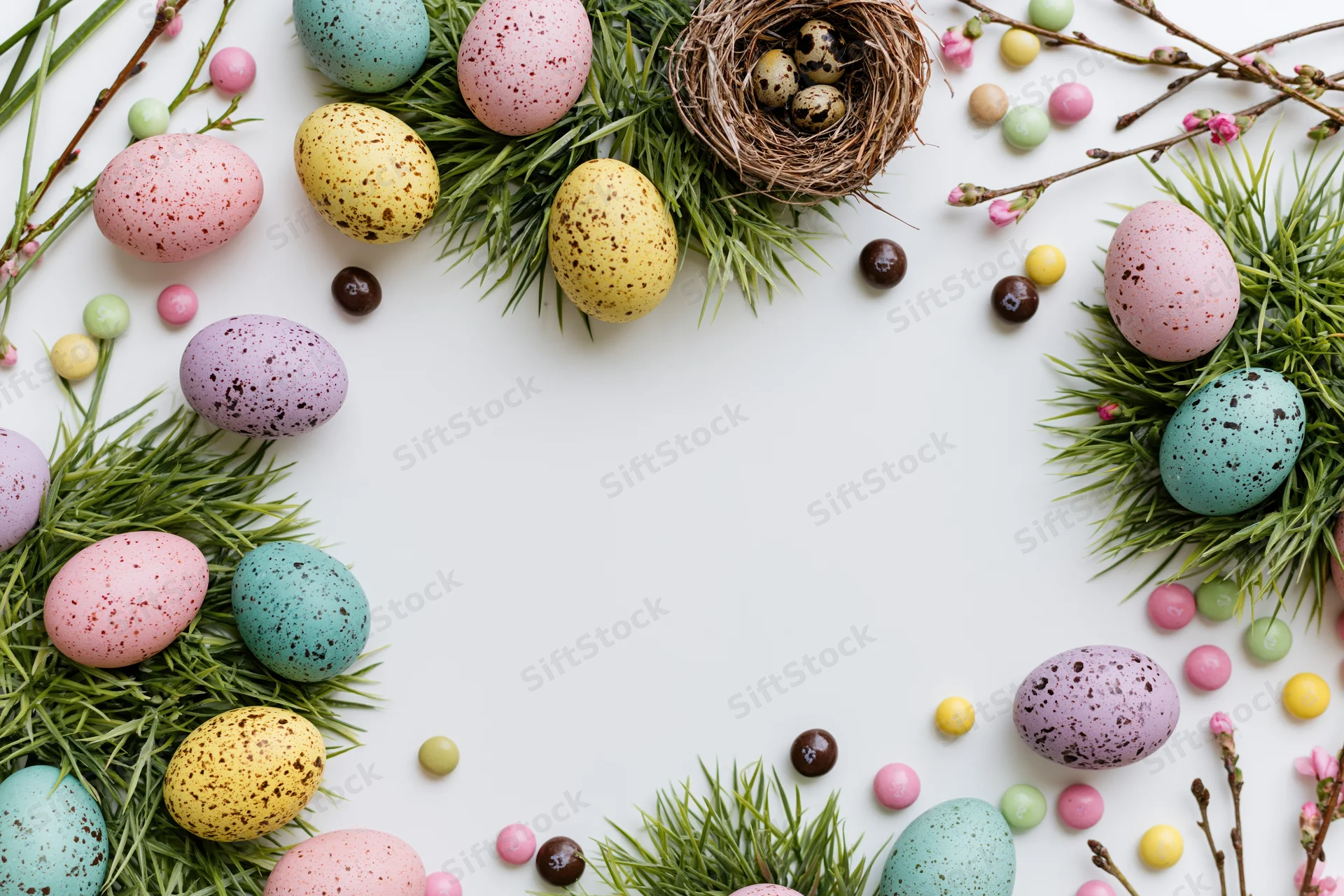 Easter eggs and spring decorations arranged in a flat lay frame around a white center copyspace