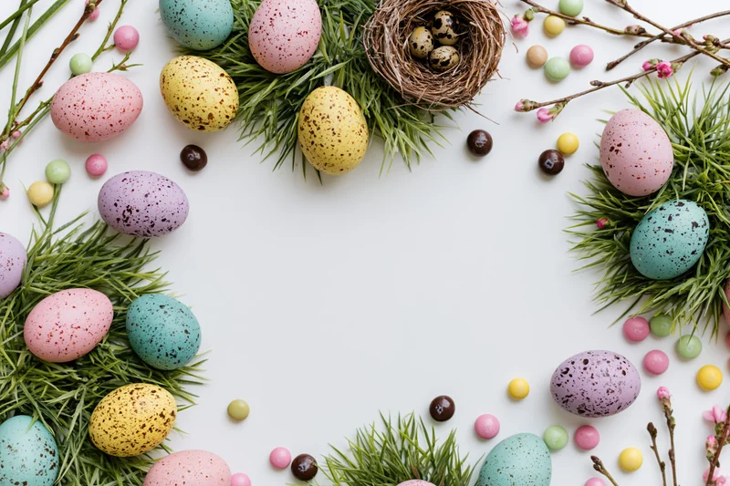 Easter eggs and spring decorations arranged in a flat lay frame around a white center copyspace