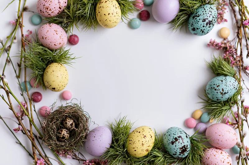 Easter eggs and spring branches arranged in a flat lay frame around a white center with copyspace