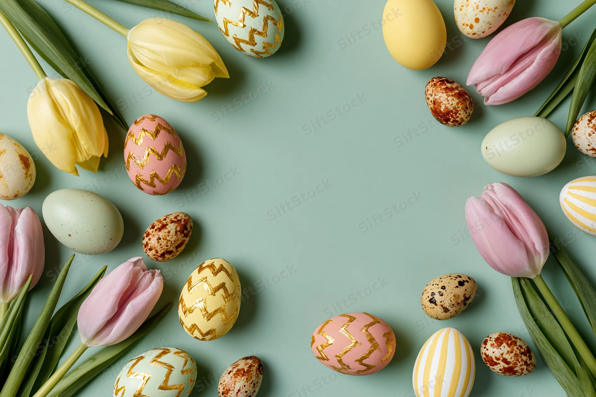 Easter eggs and fresh tulips arranged in a flat lay on a pastel green background with copyspace