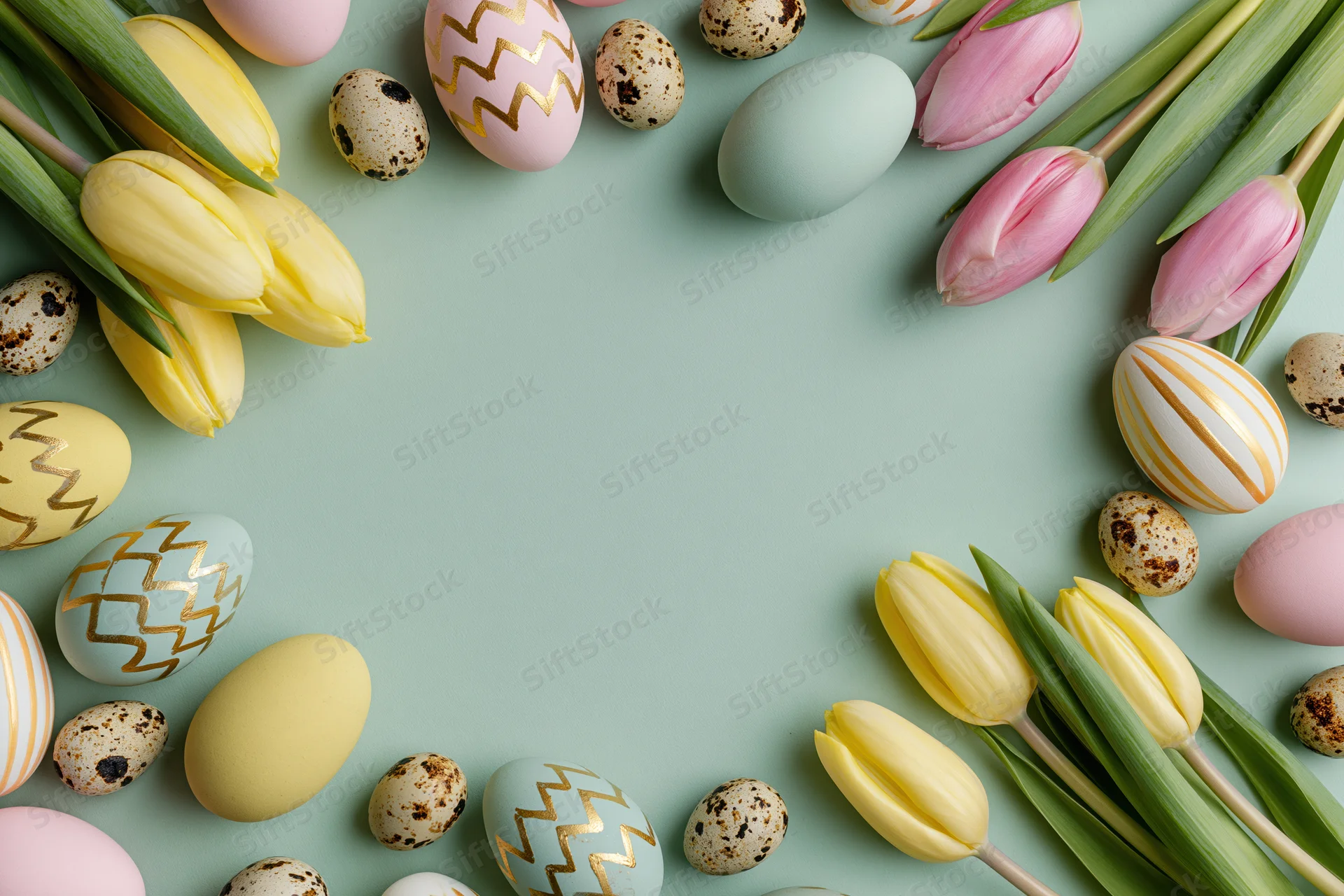 Easter eggs and tulips arranged in a flat lay on a mint background with copyspace