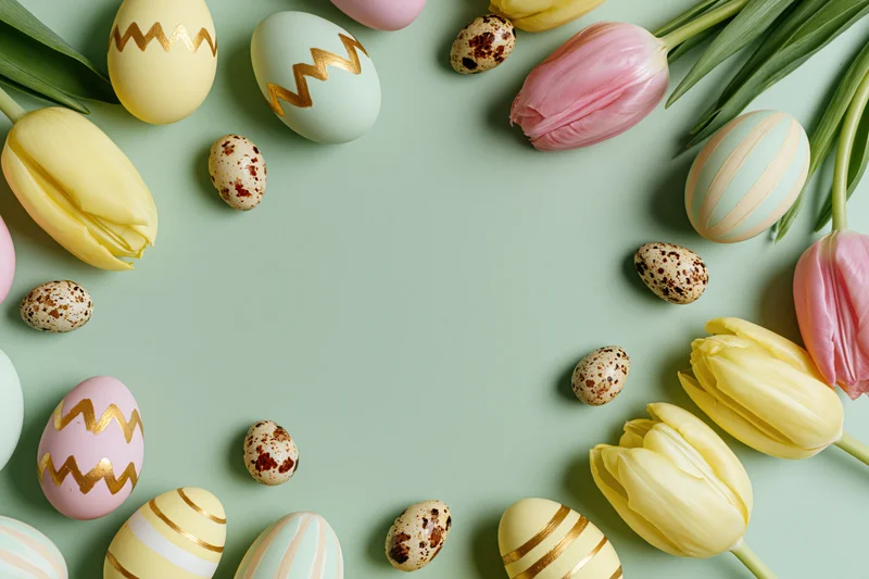 Easter eggs and tulips arranged in a flat lay on a pastel green surface with copyspace in the center