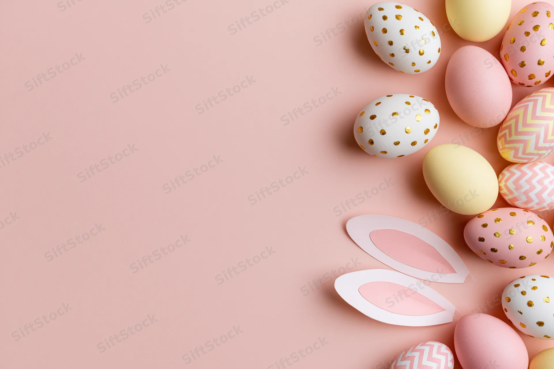Decorated easter eggs and paper bunny ears arranged in flat lay on pastel pink background