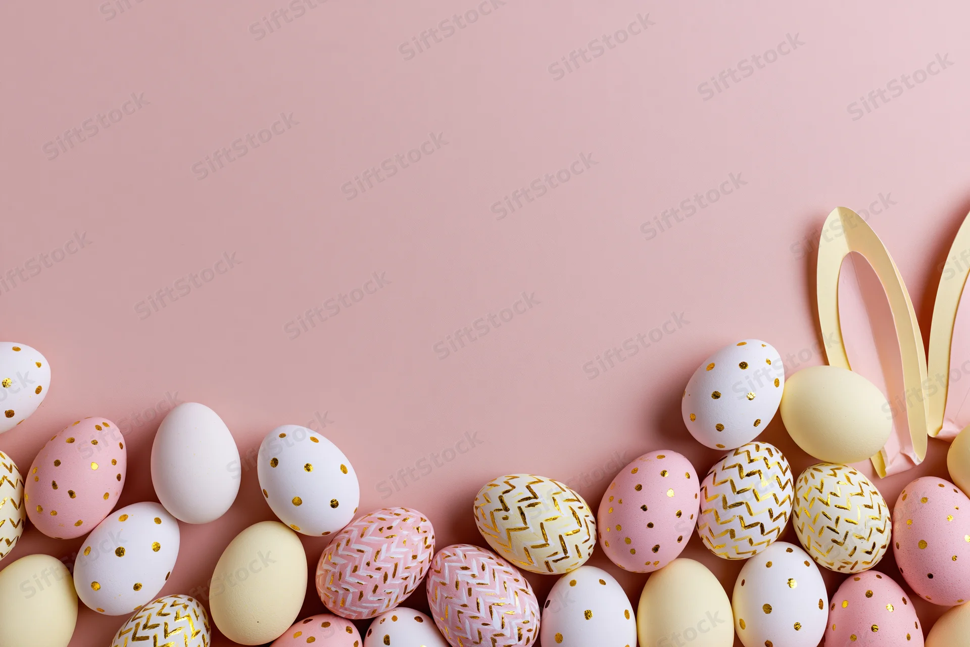 Decorated easter eggs and paper bunny ears arranged in a flat lay on a pastel pink surface with copyspace