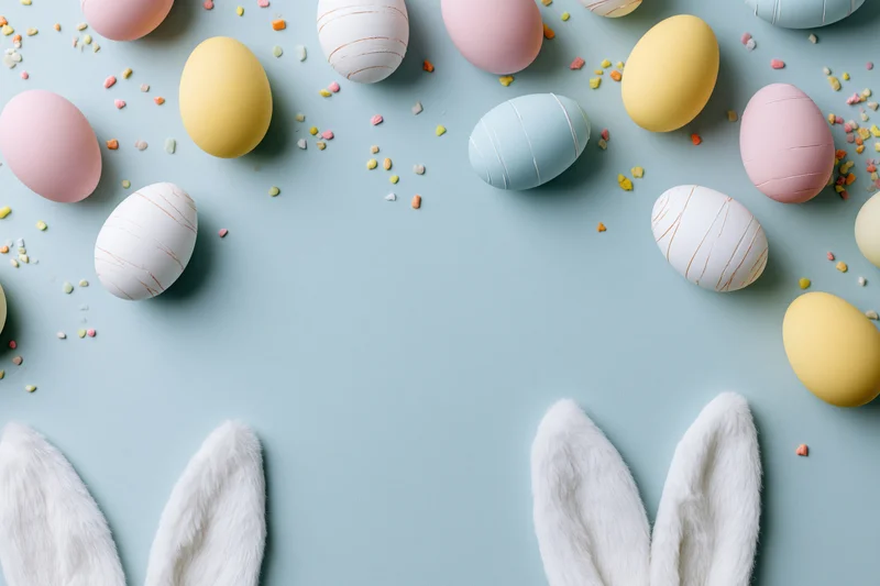 Pastel decorated easter eggs arranged in flat lay with bunny ears and confetti on light blue surface