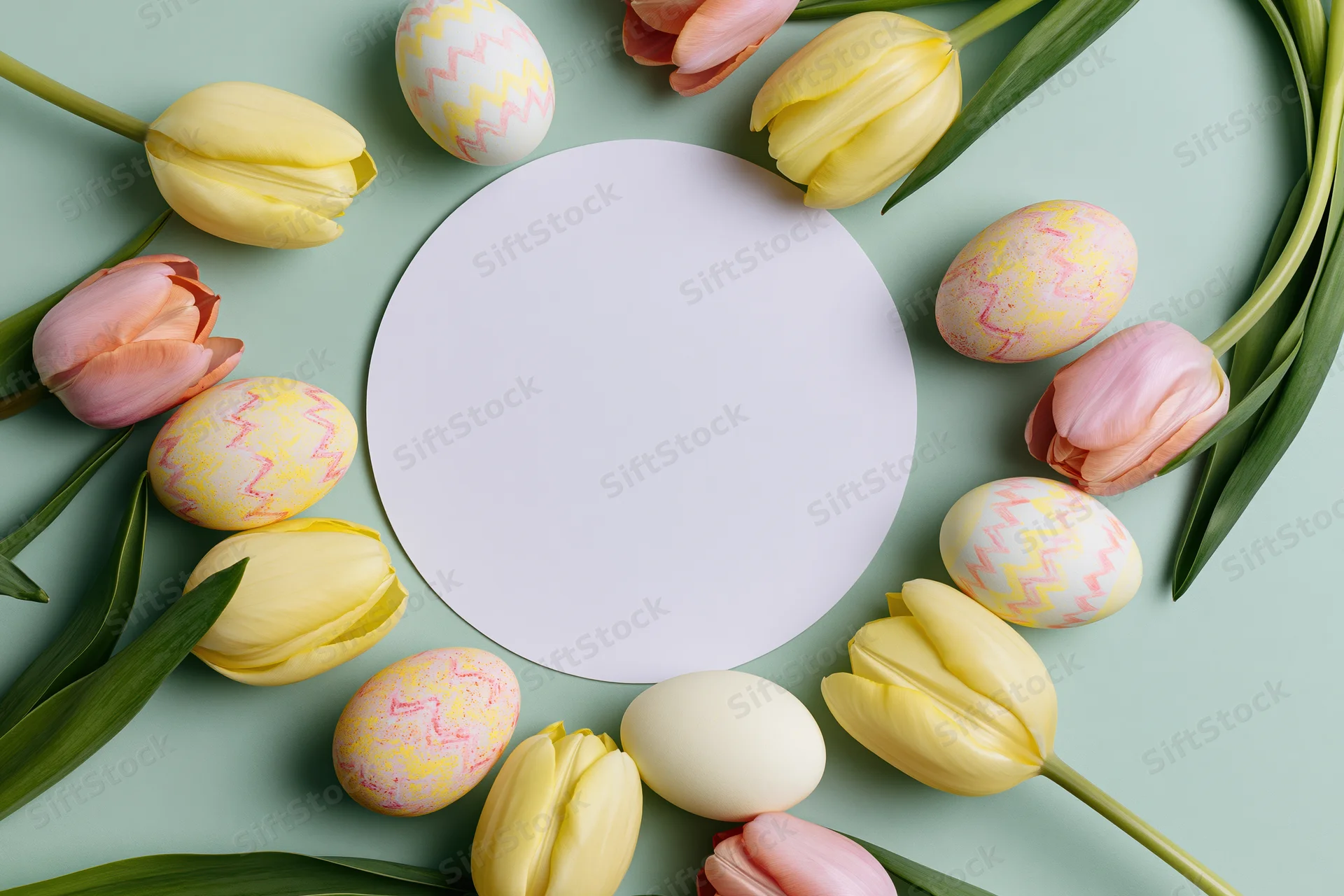 Easter flat lay with yellow and pink tulips and decorated eggs arranged around a white circular copyspace on a pastel green background