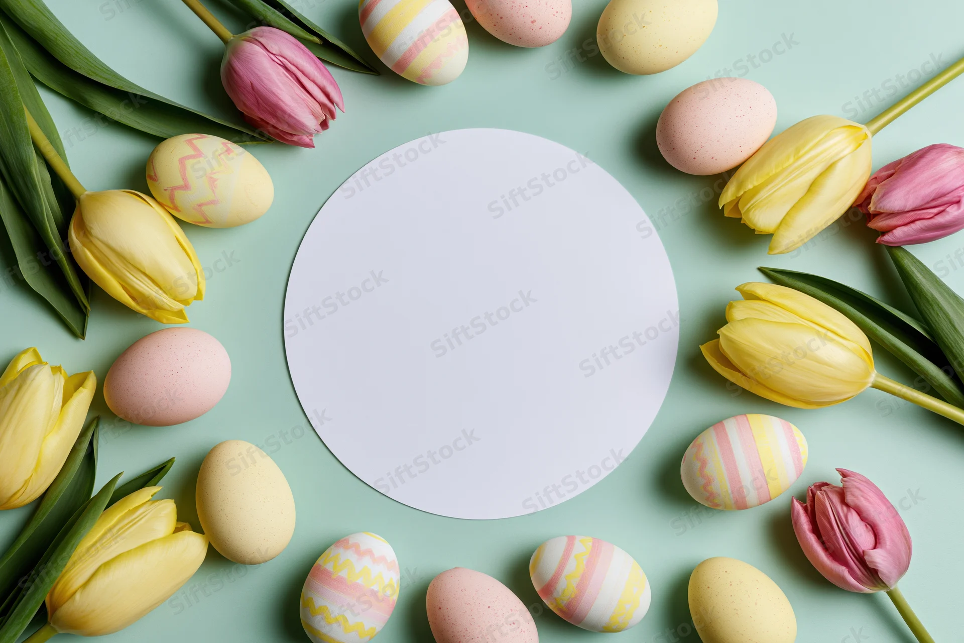 Easter flat lay with yellow and pink tulips and decorated eggs arranged around a white circular mockup on a pastel green background