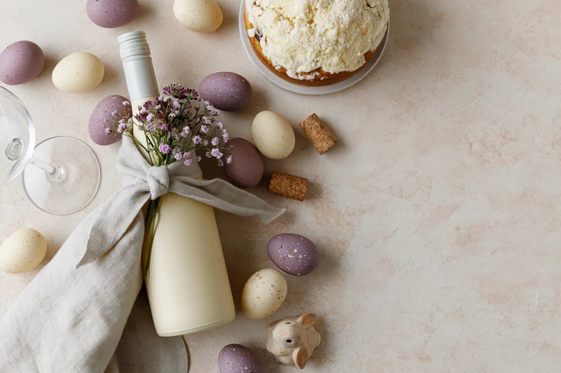 Easter flat lay with white wine bottle tied with linen ribbon and flowers, surrounded by eggs and cake on a textured surface