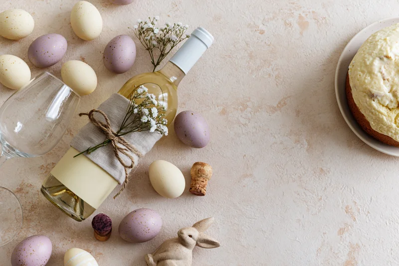Easter flat lay with white wine bottle wrapped in linen and twine, surrounded by pastel eggs, bunny figurine, cake, and baby's breath on textured surface