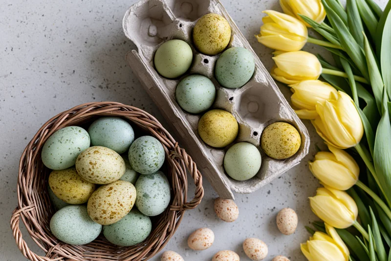 Decorated easter eggs in a wicker basket and egg carton with yellow tulips arranged on a flat surface