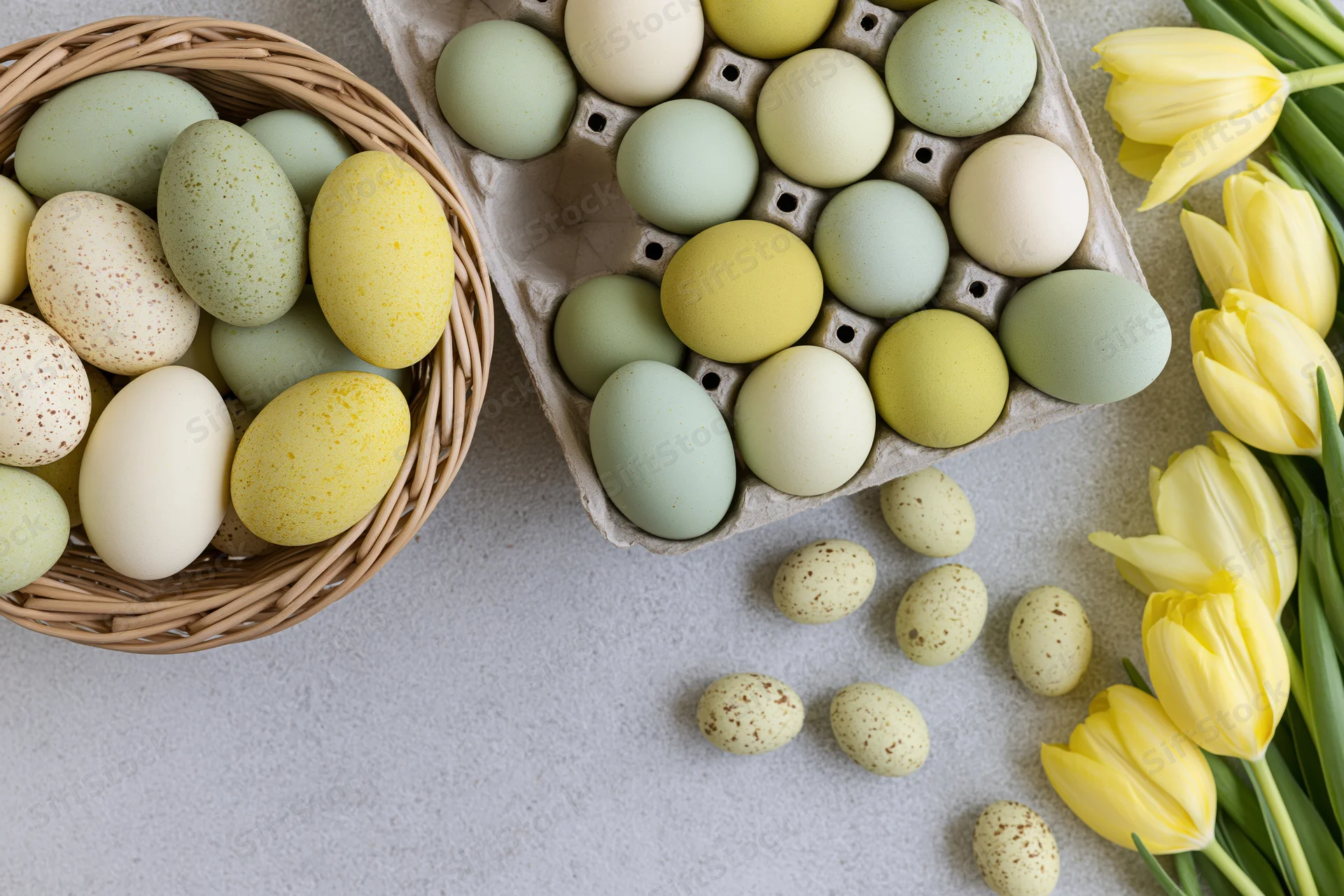 Decorated easter eggs in a wicker basket and carton arranged with yellow tulips on a gray surface