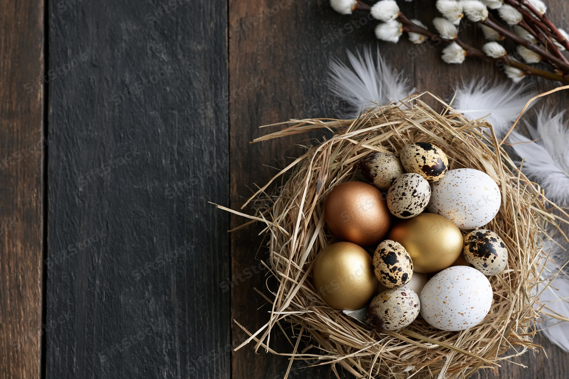 Easter nest with golden and speckled eggs arranged on dark weathered wood surface