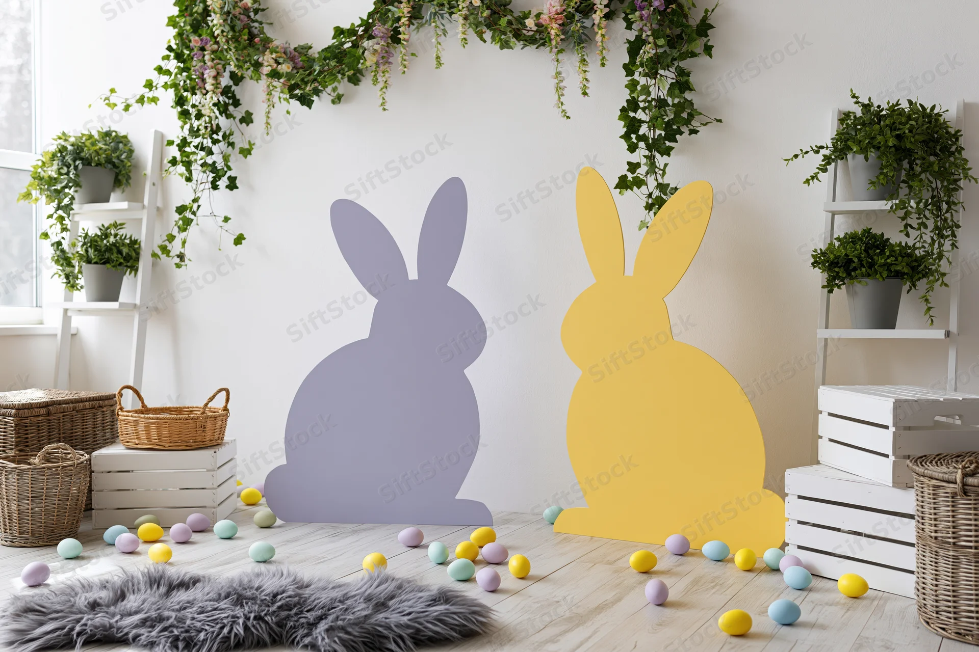Easter photo booth setup with rabbit silhouettes and scattered eggs in a bright white studio