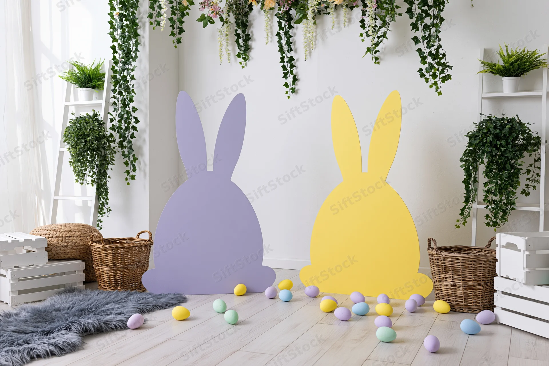 Easter photo booth setup with bunny silhouettes and scattered eggs in a bright white studio