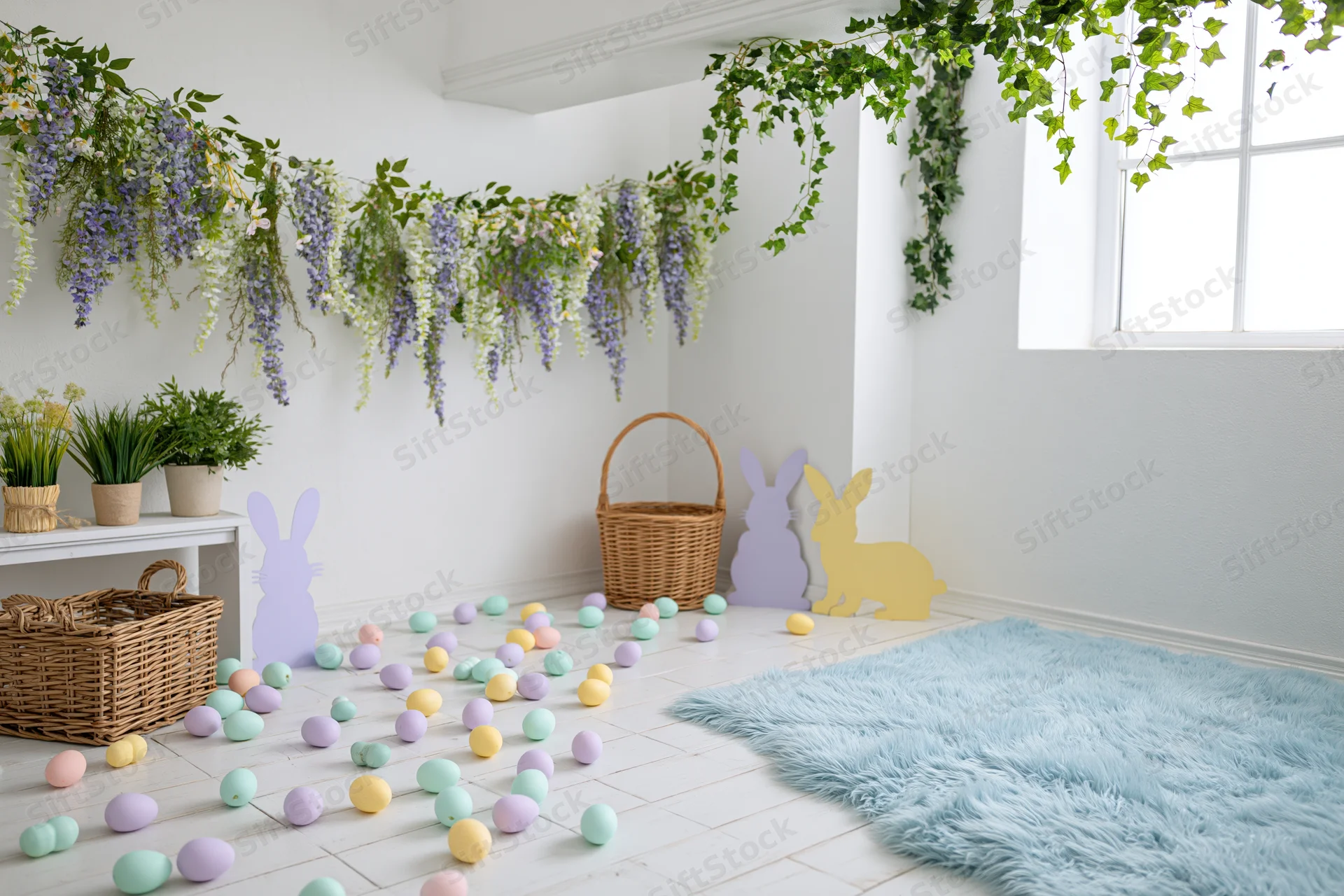Easter photo booth setup with pastel eggs, bunny cutouts, and floral garlands in a bright white studio interior