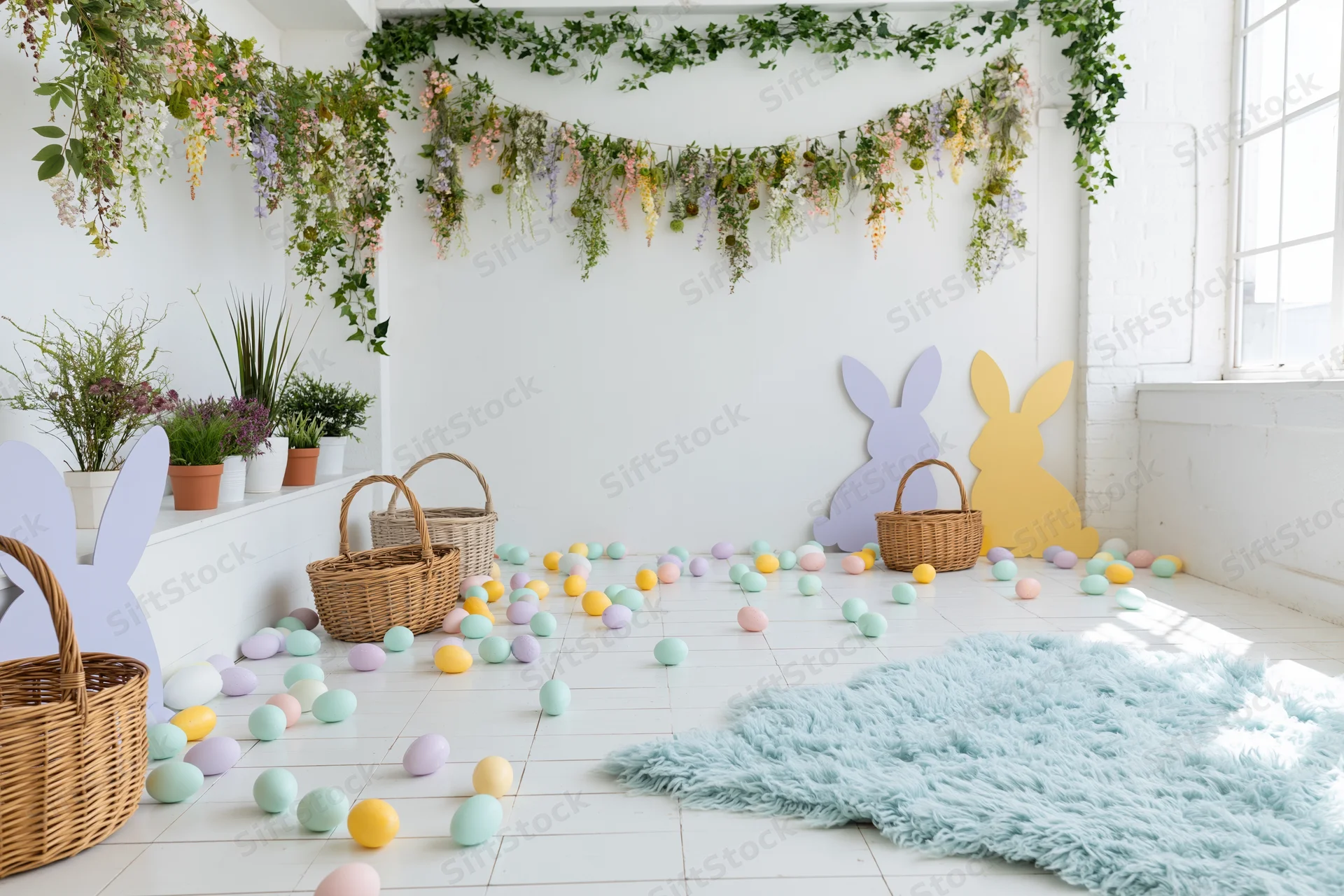 Easter photo booth setup with pastel eggs, wicker baskets, bunny cutouts and floral garland in bright white studio interior