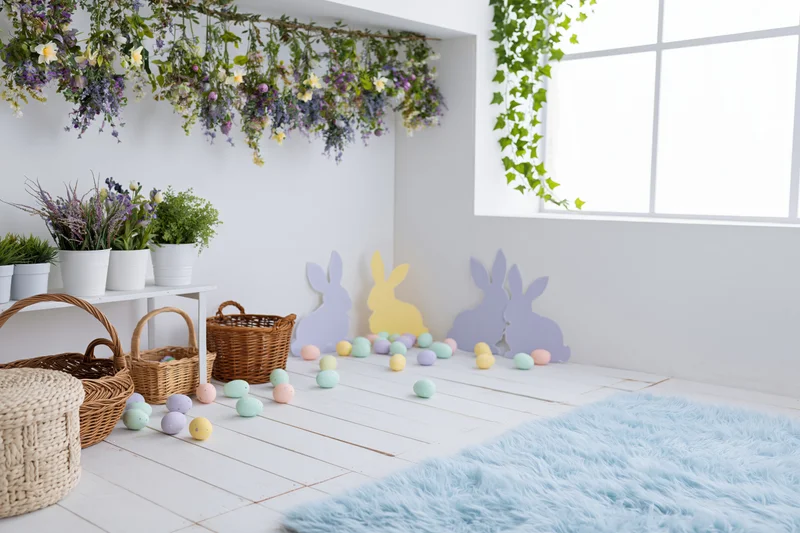 Easter photo booth setup with pastel eggs, bunny cutouts, and floral decor in a bright white studio interior