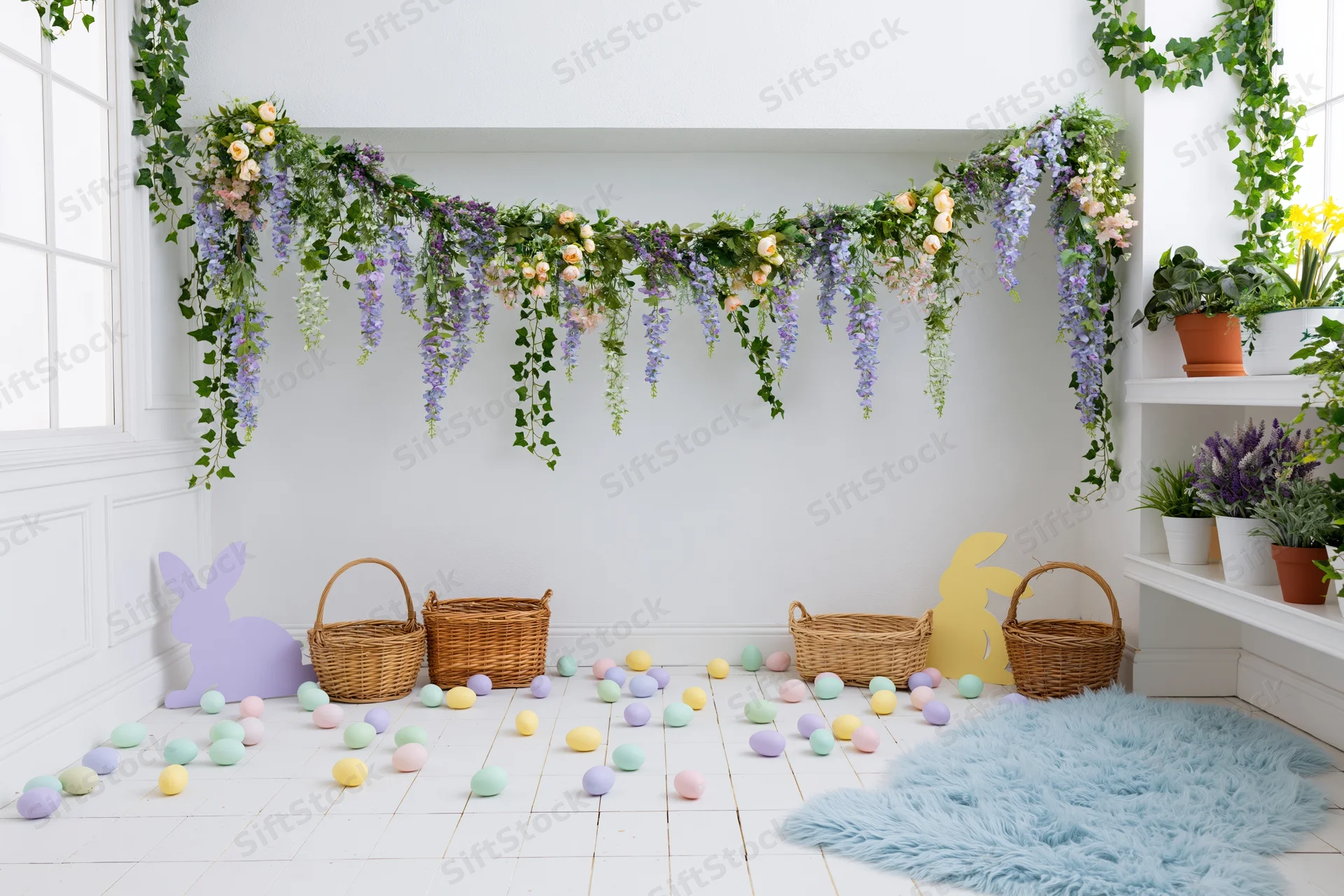 Easter photo booth setup with floral garland and scattered eggs in a bright white studio interior