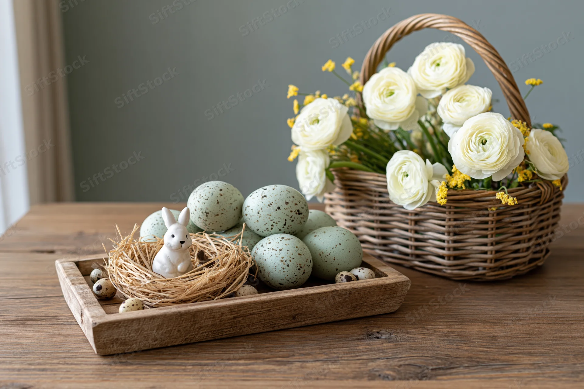 Easter still life with speckled eggs, a rabbit figurine in a straw nest, and a wicker basket of white ranunculus flowers on a wooden table