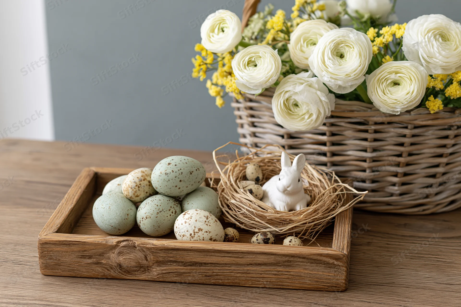 Easter still life with speckled eggs and ceramic bunny in a wooden tray on a table