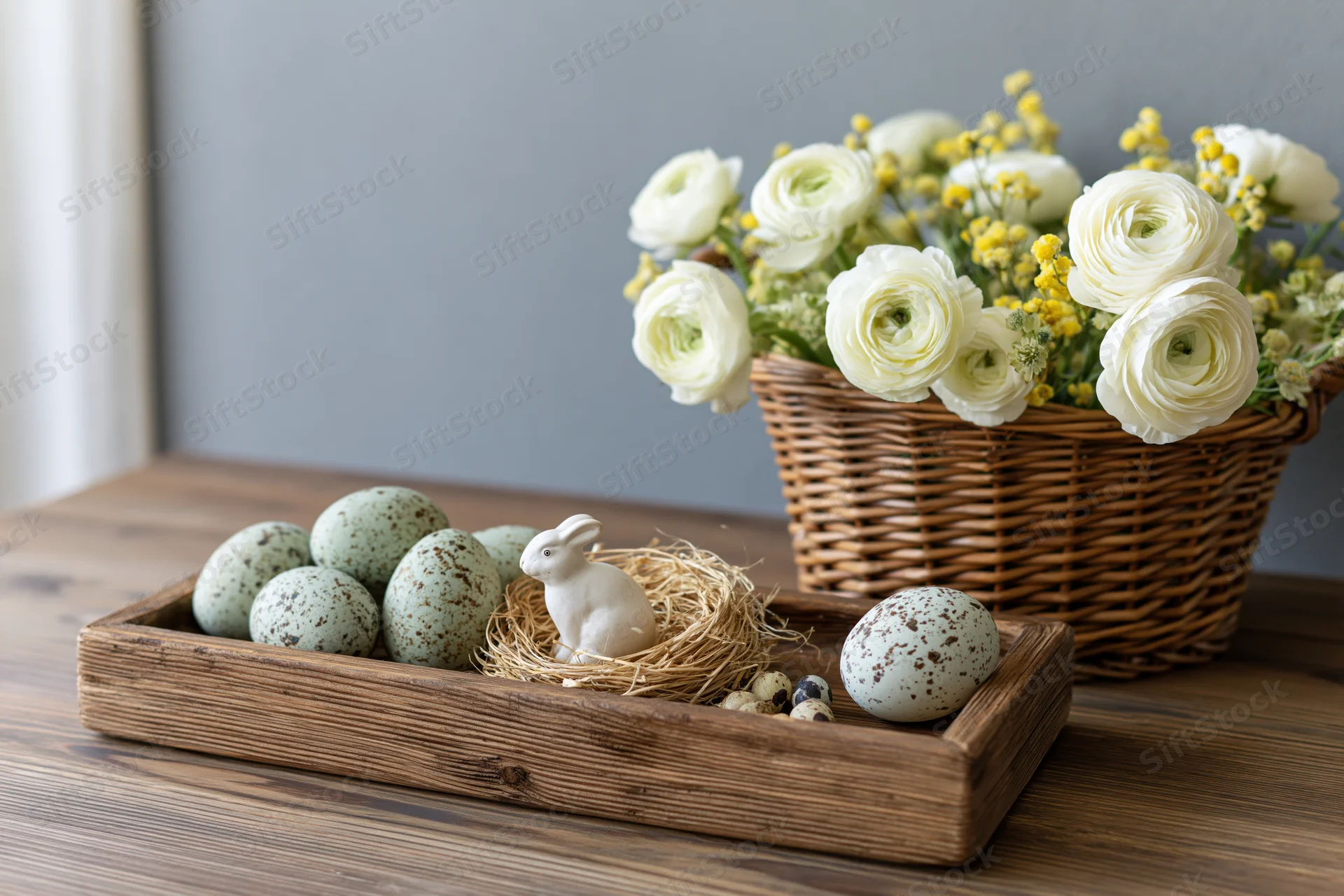 Easter still life with speckled eggs, a rabbit figurine in a hay nest, and white flowers in a wicker basket on a wooden table