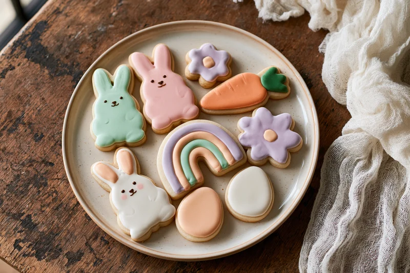 Easter sugar cookies decorated with royal icing arranged on a ceramic plate on a wooden table with linen cloth